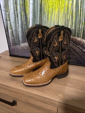 Ariat Tan Ostrich Foot with Black Embroidered Shaft Western Boots
